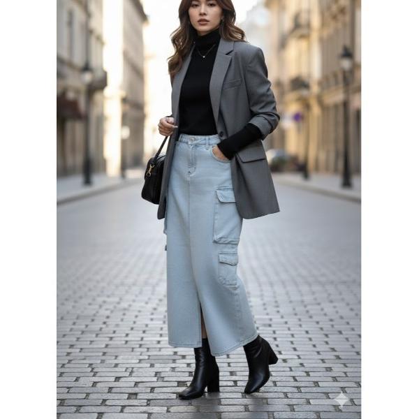 デニムスカート 「最旬カーゴ」デニム マキシカーゴスカート / ワイドシルエット カーゴポケット /...