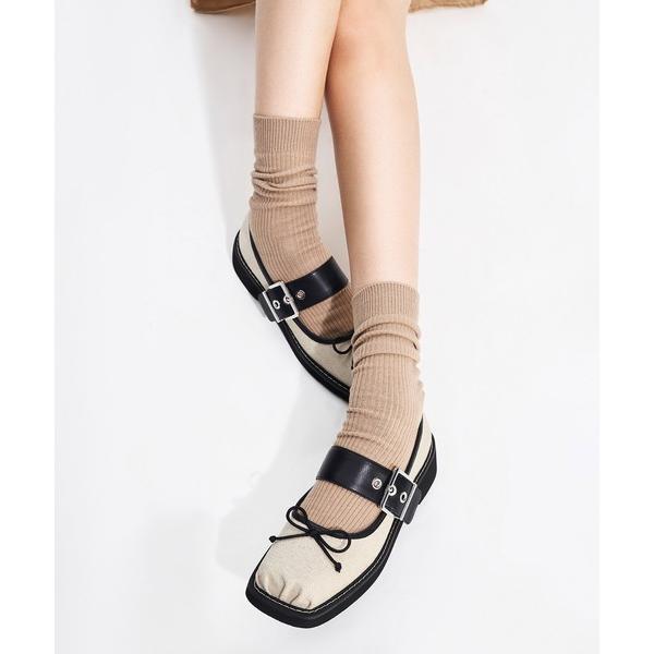 パンプス スクエアトゥーボウバックルメリージェーン