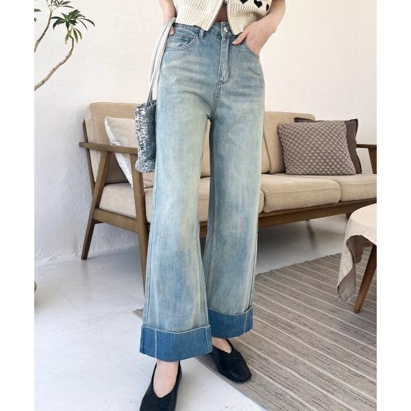 ワイドパンツ ジーンズ デニム デニムパンツ ロールアップステッチデザインハイウエストデニム レディ...