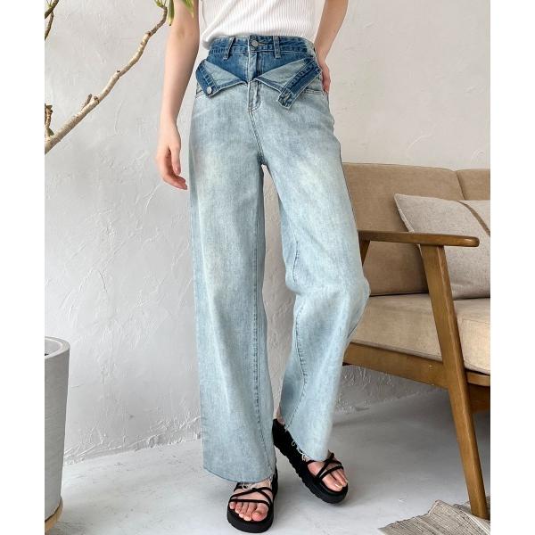 ワイドパンツ ジーンズ デニム デニムパンツ ウエスト折り返しデザインハイウエストデニム レディース