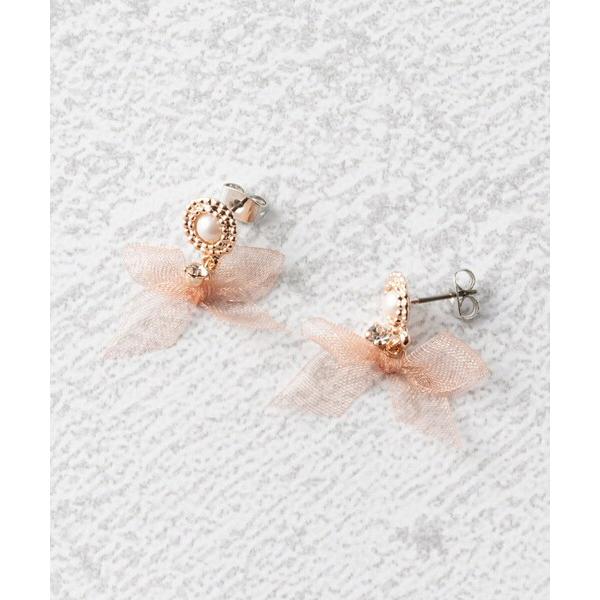 ピアス ピアス ニッケルフリー シアー リボン パール調 ストーン チタンポスト ドロップピアス レ...