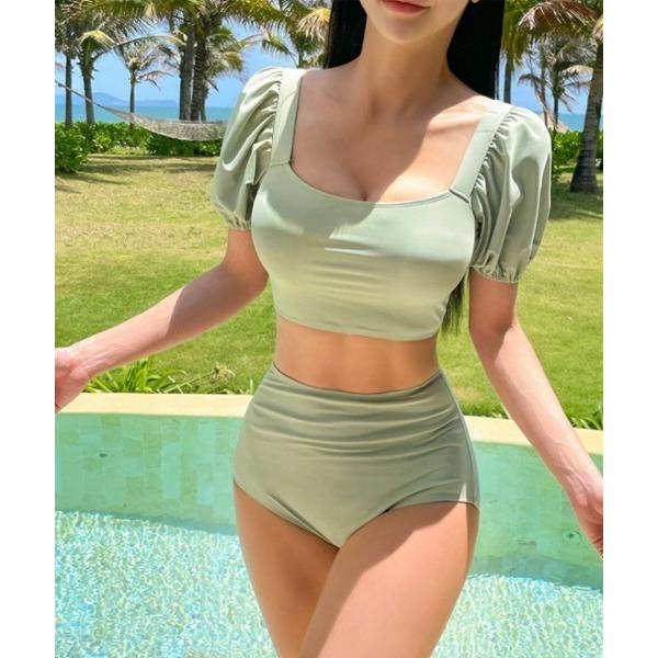 水着 パフスリーブ バッグリボン ハイウエストビキニ 水着 レディース