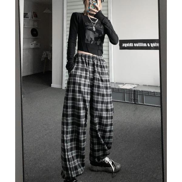 スラックス パンツ チェック ハイウエスト ワイド ストレート Y2K ストリート ルーズ パンツ ...