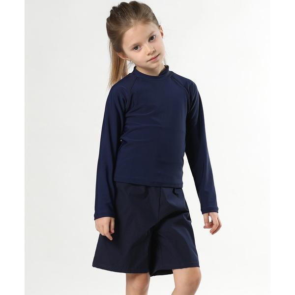 水着 「UVカット率 99％以上」キッズ水着 長袖バイカラーライン柄ラッシュガード+ハーフパンツ 上...