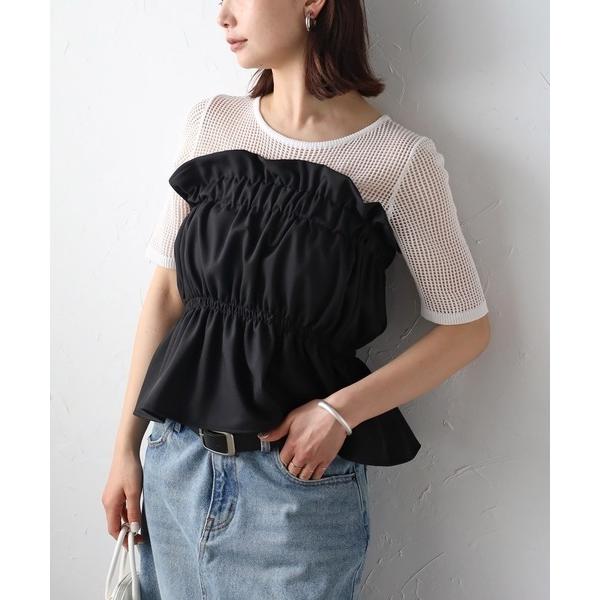 チューブトップ ベアトップ リネンタッチ　ギャザーベアトップ