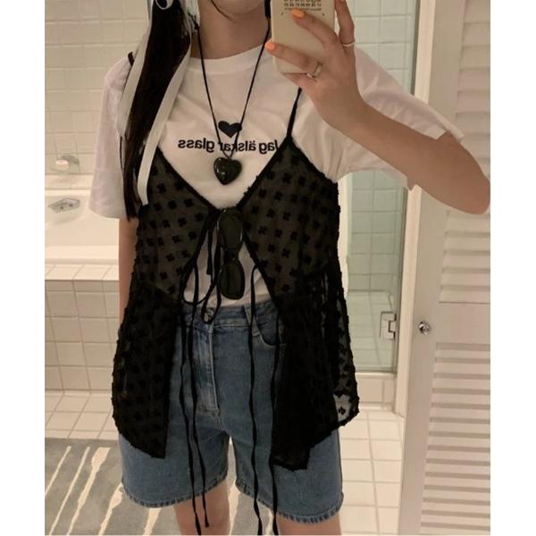 ブラウス シャツ フラワーリボンシースルービスチェ レディース