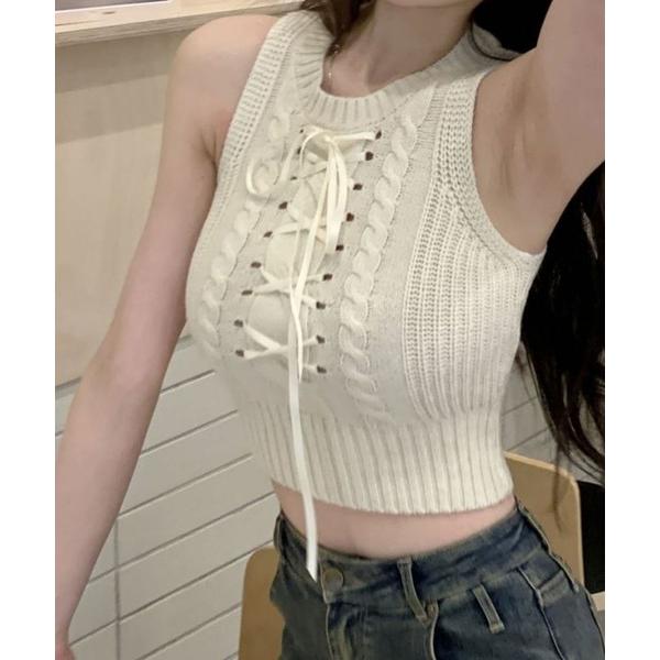 ニット セーター レースアップクロップド丈ノースリニット レディース