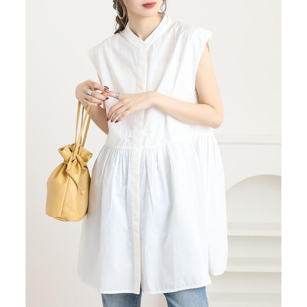 ブラウス シャツ 綿ブロード バンドカラーフレンチスリーブシャツ レディース