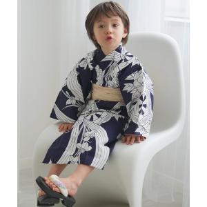 浴衣 キッズ キッズ浴衣3点セット 男の子 utataneオリジナル 藍色に古典菖蒲と御所車の商品画像