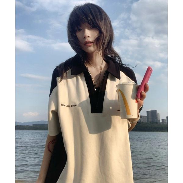 ポロシャツ ポロ ハーフジップ スター ヴィンテージライク 古着風 ロゴ ビッグシルエット ポロシャ...