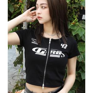 tシャツ Tシャツ レディース 即完カラー6月発送分予約販売開始 SPORTロゴ ショート丈半袖Wジップカットソー