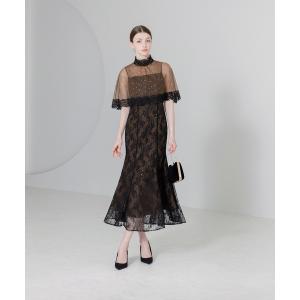 LEJA】異素材レースデコルテシアー袖リボンフロントボタンドレス