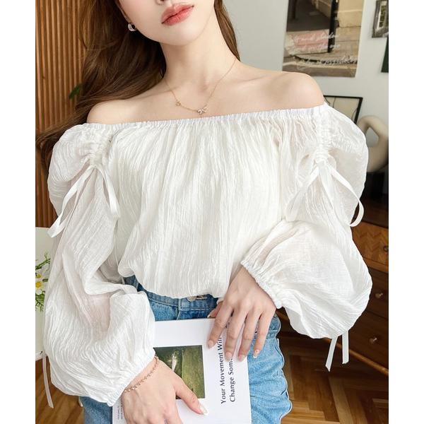 ブラウス シャツ ショルダーシャーリングリボンオフショルブラウス レディース