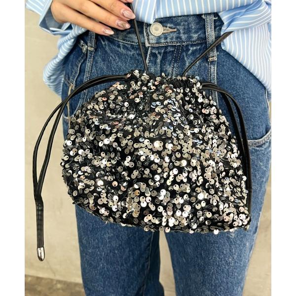ショルダーバッグ バッグ 総スパンコール フェイクレザーストラップ 巾着 ショルダーバッグ レディー...