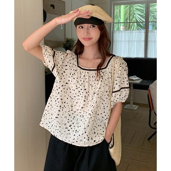 ブラウス シャツ アイレット刺繍バックリボンパフスリーブレースブラウス レディース