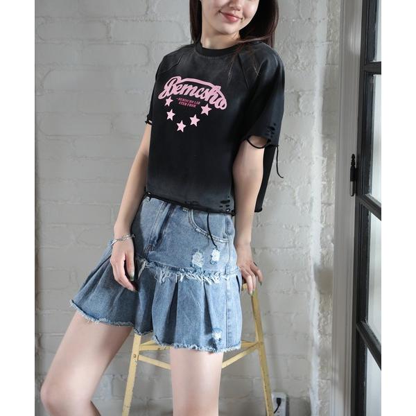 tシャツ 「HOOK」for girls　アメカジ裾デザインカットワークプリントウォッシュTEE (...