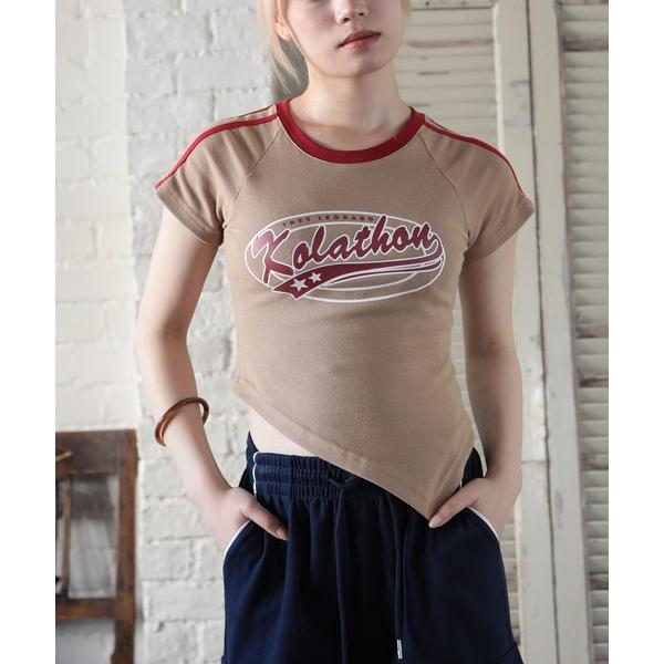 tシャツ 「HOOK」for girls　アメカジ袖テープロゴプリントアシンメトリー裾半袖TEE (...