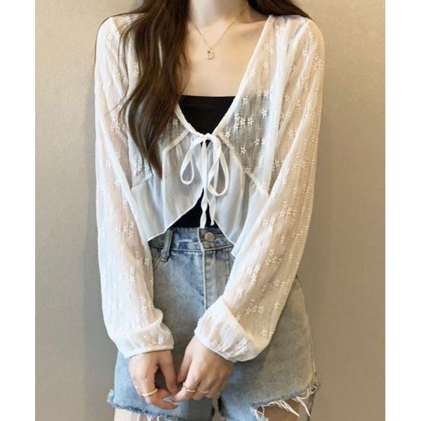 カーディガン 「秋の羽織りに」「着回し万能」フラワー レース シアー ショート カーディガン レディ...