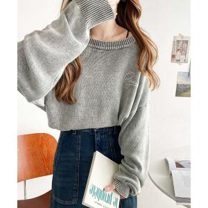 ニット セーター 大人可愛いレトロな雰囲気。綿100％ワンポイント刺繍ピグメントニットプルオーバー レディース