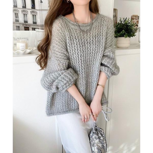 ニット セーター 上品に煌めく。シャイニーラメゆる編みメッシュニットプルオーバー レディース