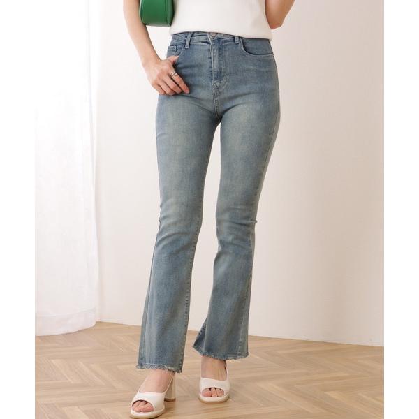 ジーンズ デニム デニムパンツ 裾フリンジ ハイウエスト フレア デニム パンツ レディース