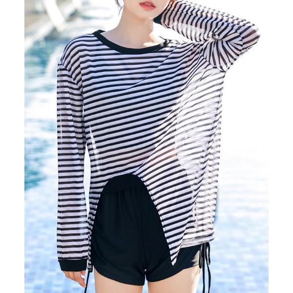 水着 「3点セット」ボーダー シアー トップス付き タンキニ レディース