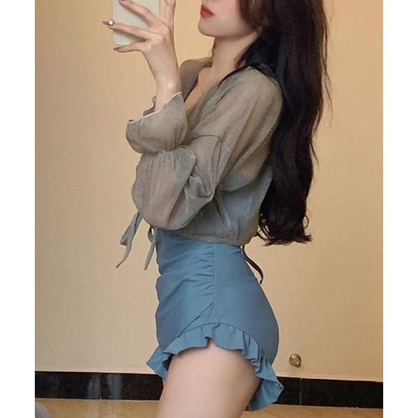 水着 「2点セット」ハートネック カットアウト フリル ワンピース 水着 レディース