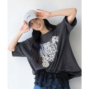 tシャツ フラワー刺繍重ねロゴプリント　ビッグシルエットTシャツ「UNISEX ITEM」 レディース メンズ