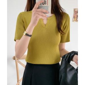 ニット セーター キーネックリブニットトップス レディース