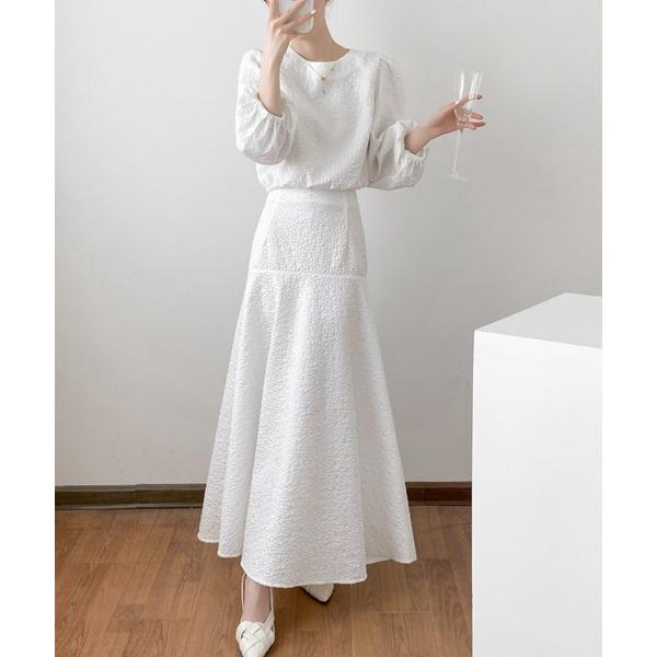 セットアップ ふくれジャガードショートブラウス＆ハイウエストロングスカートセットアップ レディース