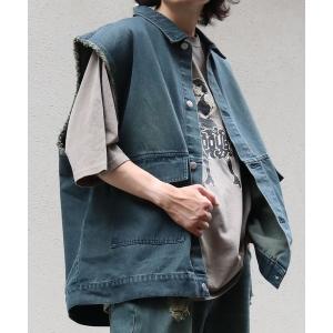 ベスト メンズ denim fringe overdye vest/デニム フリンジ オーバーダイ ベスト｜zozo