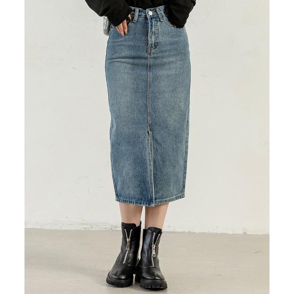 デニムスカート 「大きいサイズ有」スラッとIライン。スリット入り デニム ナロースカート レディース