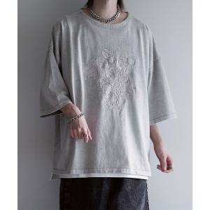 tシャツ 「cussil/クシル」ピグメントスノーウォッシュ加工フラワー刺繍オーバーサイズハーフスリーブTシャツ メンズ レディース