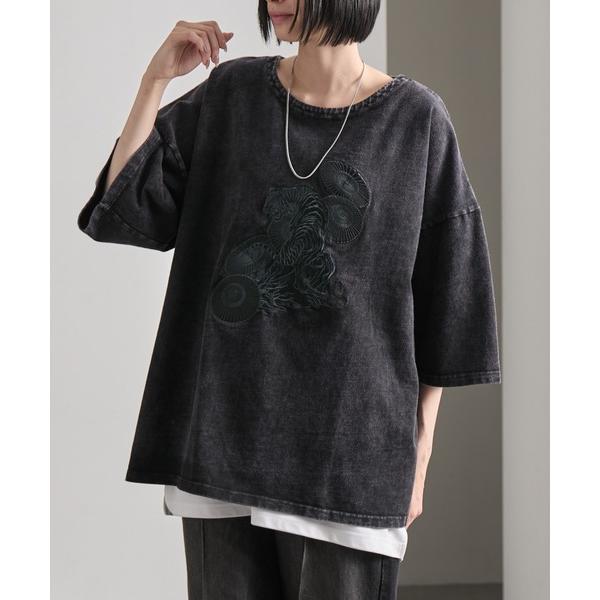 tシャツ 「cussil/クシル」ピグメントスノーウォッシュ加工フラワー刺繍オーバーサイズハーフスリ...