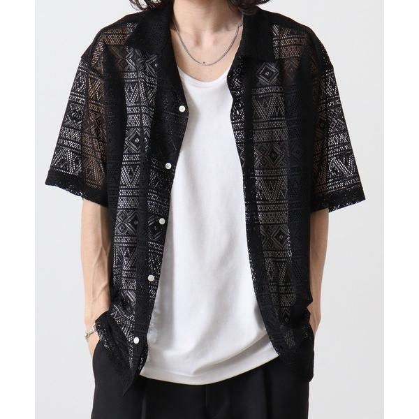 シャツ モノトーンレース オープンカラー 半袖シャツ メンズ レディース