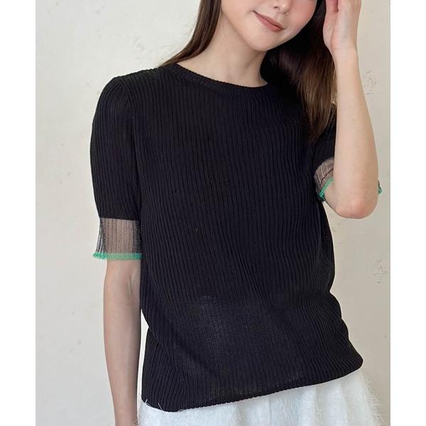 tシャツ シアー袖配色プルオーバー レディース