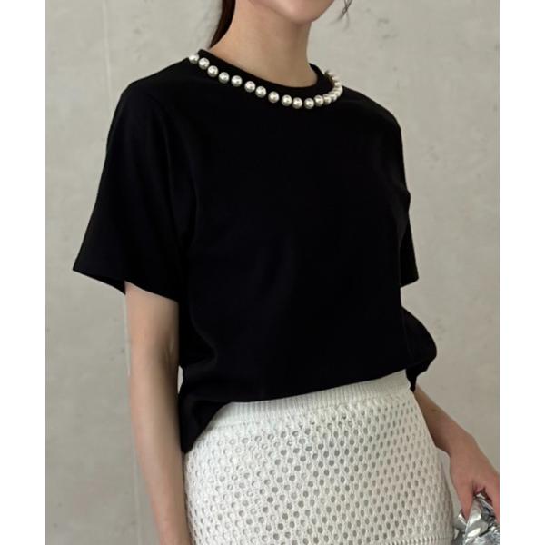 tシャツ 天竺衿ぐりパール付きTシャツ/手洗い可 レディース