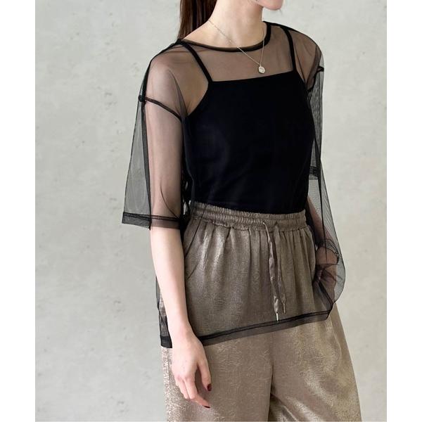 tシャツ チュールTシャツ フライスカップ付きキャミSET／シアートップス レイヤード カップ付きイ...