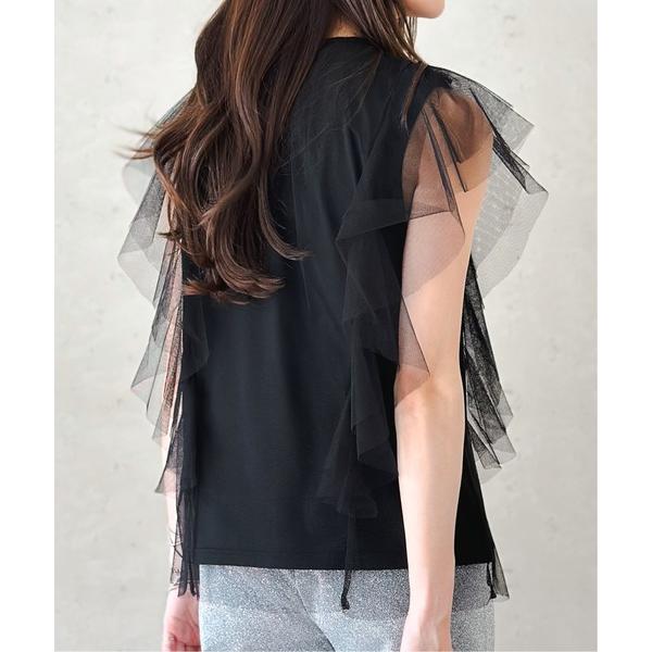 tシャツ チュール×天竺フリル袖プルオーバー レディース