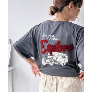 tシャツ Tシャツ レディース 車バックプリント サガラ刺繍ロゴ ゆったりオーバーサイズ半袖Tシャツ｜ZOZOTOWN Yahoo!店