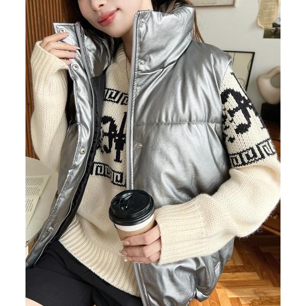 ダウンベスト ベスト フェイクソフトレザースタンドカラーファイバーダウンベスト レディース