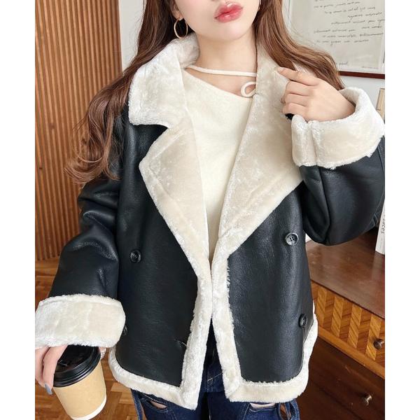 ムートンコート ボアコート フェイクレザー×フェイクファームートンショートPコートジャケット レディ...