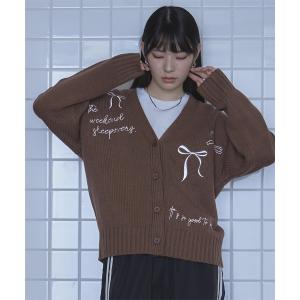 カーディガン リボン刺繍Vネックカーディガン レディース