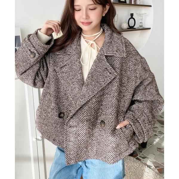 ピーコート pコート フェイクウールヘリンボーン2WAYカラーショートPコートジャケット レディース