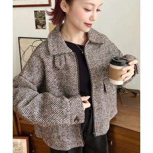 ブルゾン アウター フェイクウールヘリンボーン2WAYカラーショートジップブルゾン レディース