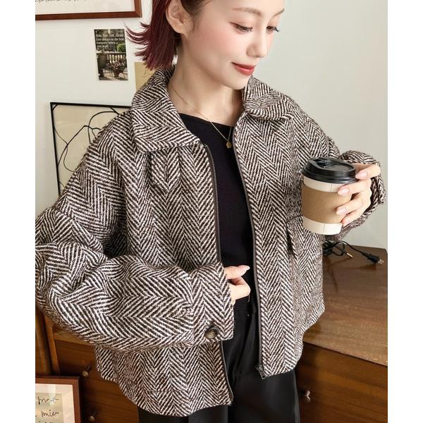 ブルゾン アウター フェイクウールヘリンボーン2WAYカラーショートジップブルゾン レディース