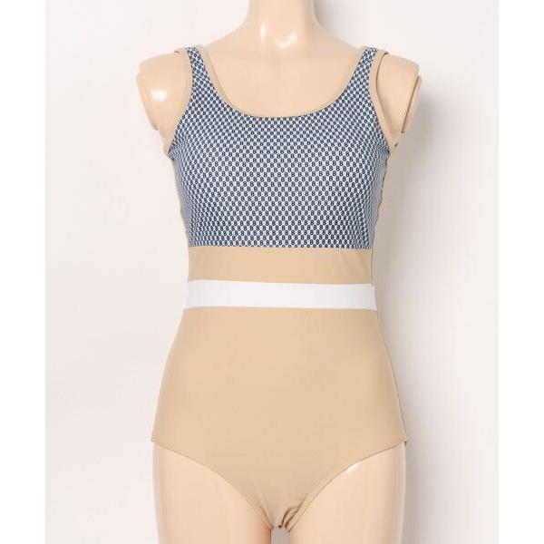水着 ハイウエスト配色切り替え バイカラーワンピース 水着 レディース