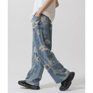 パンツ デニム ジーンズ メンズ flower design wide denim pants / フラワーデザイン ワイド デニムパンツ 総柄 花柄｜zozo