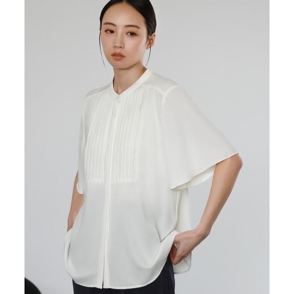 ブラウス シャツ フロントタックスタンドカラー半袖ブラウス オフィス ビジネス フォーマル セレモニ...