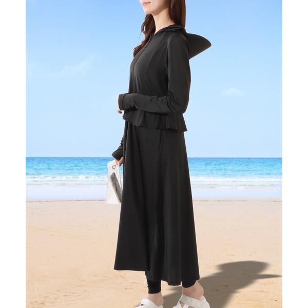 ラッシュガード 「2点セット」フリル付き フーデット ロング ジップアップ ラッシュジャケット レデ...